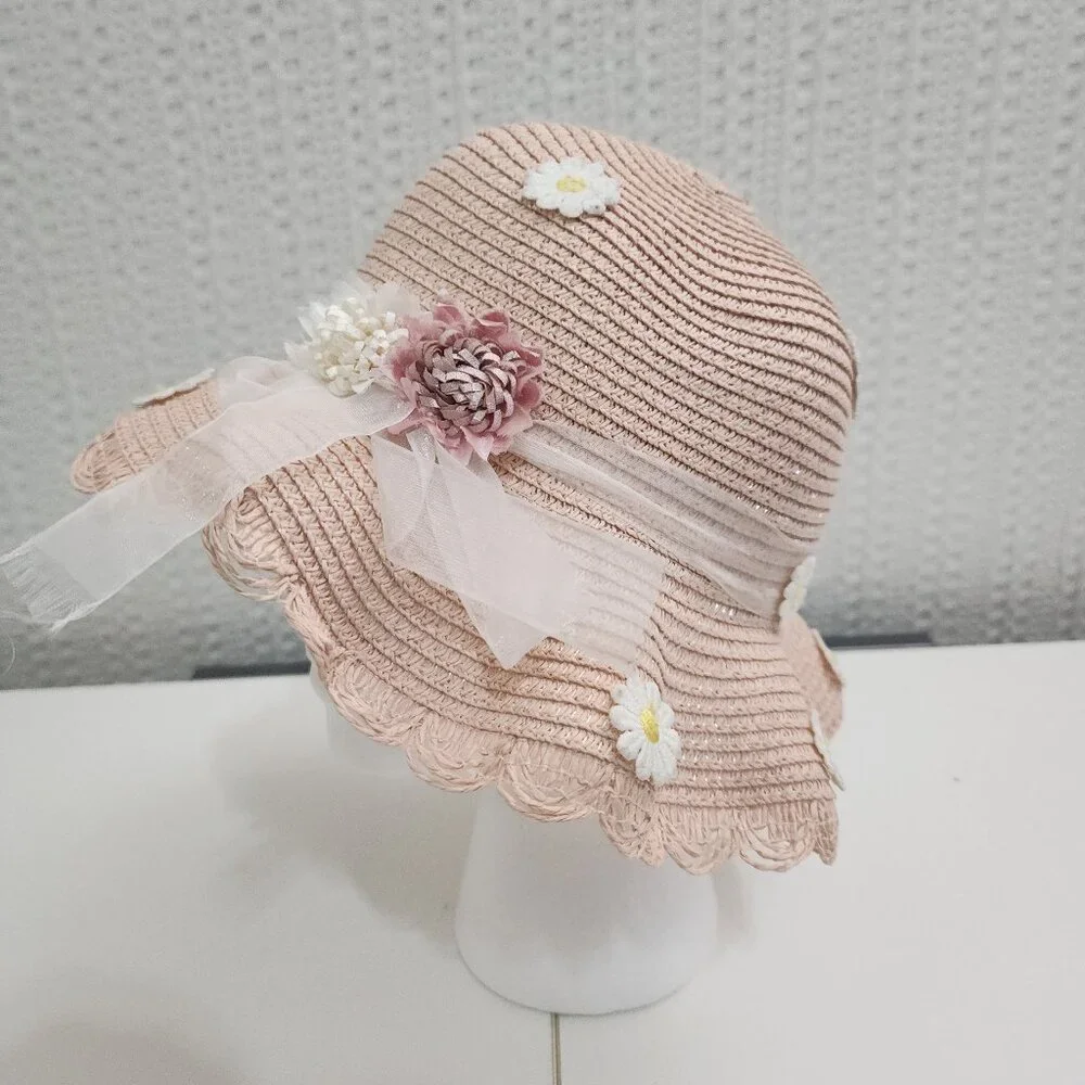 Vintage Blush Straw Sun Hat Floral Appliqué Ribbon Cottagecore Light Pink - Picture 2 of 9